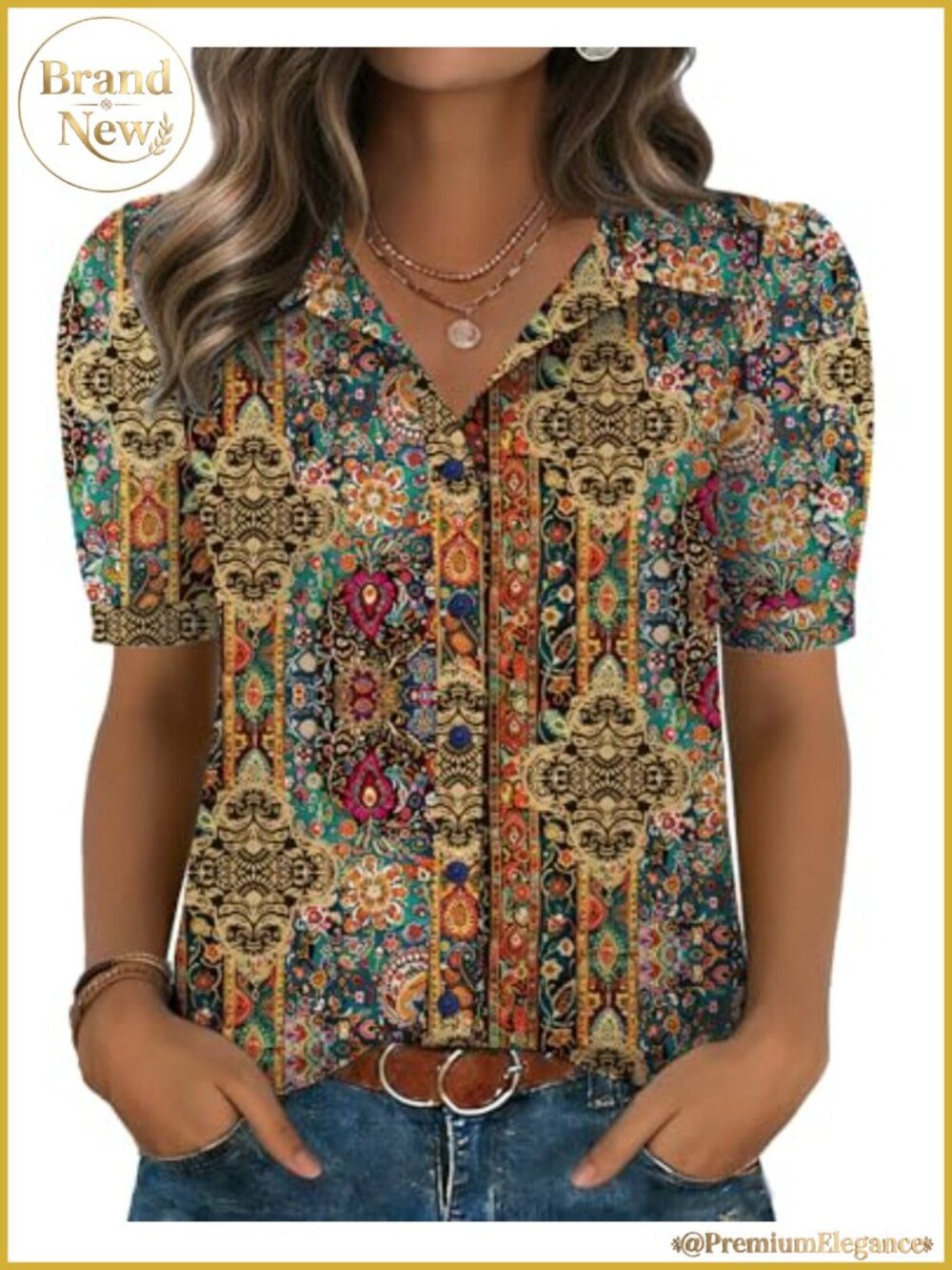 Flowy Chiffon Button Down Blouse V-Neck Puff Short Sleeve Boho Top